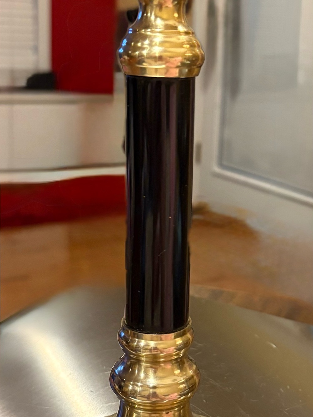 Vintage Brass Gallery Candlestick Holder 8.5” Tall Black Enamel Column.